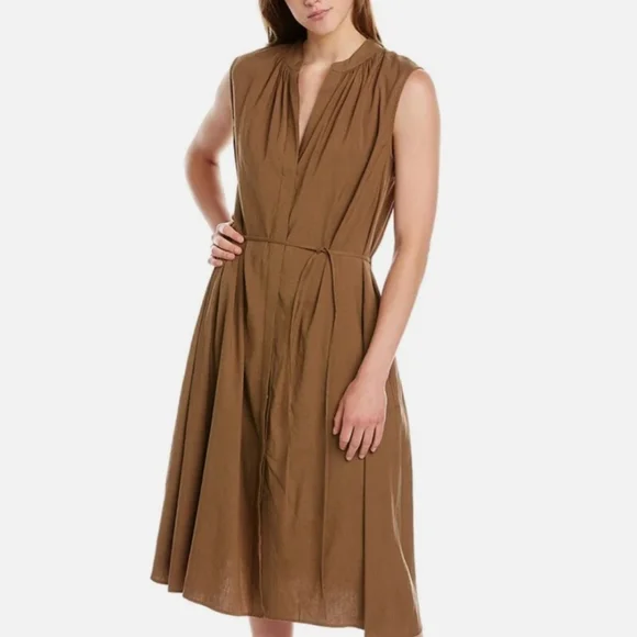 Vince Olive Linen Blend Button Down Midi Shirt Dress